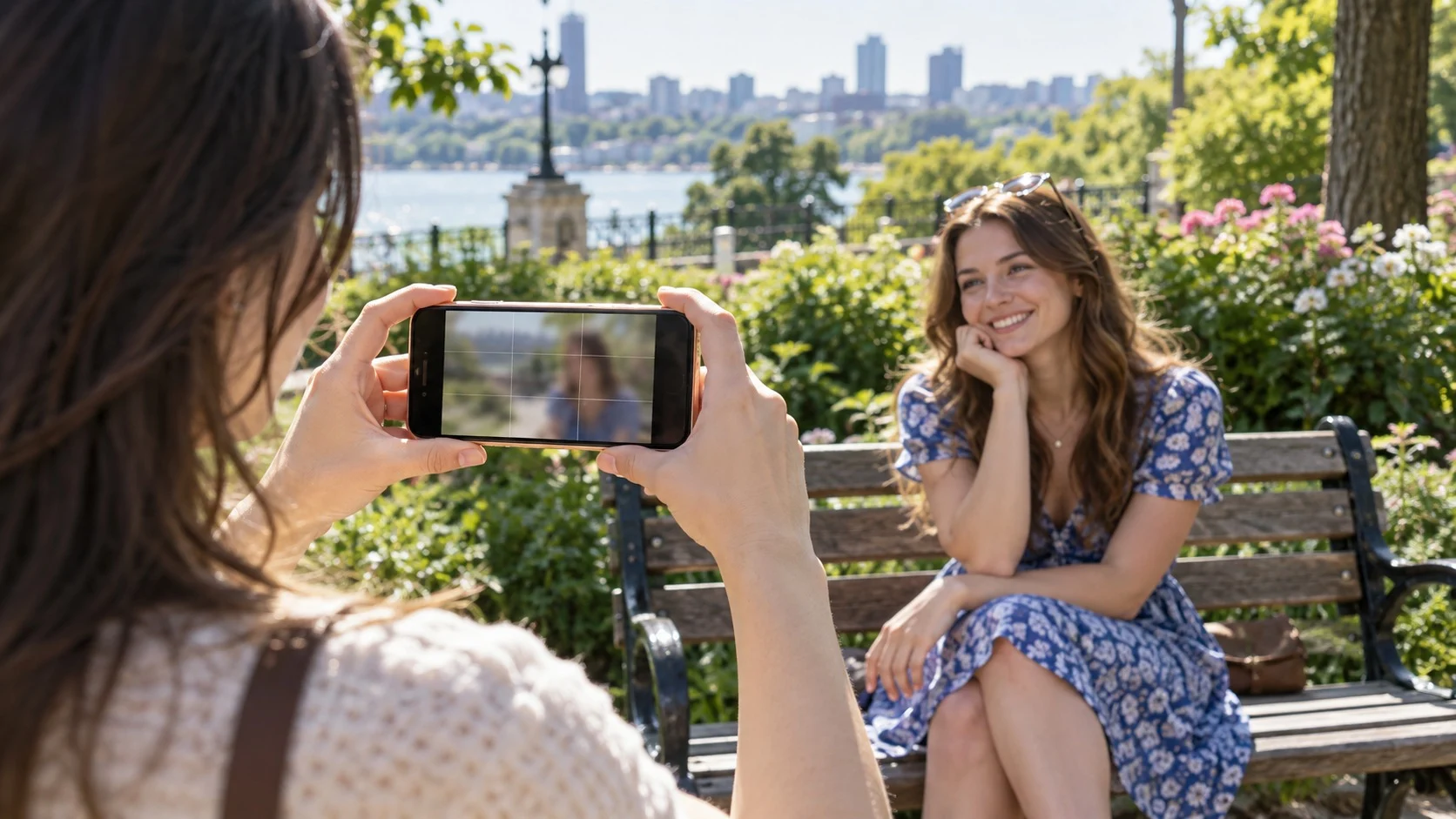 햇살 좋은 공원에서 젊은 여성이 스마트폰을 가로로 들고 벤치에 앉은 친구를 찍으며, 화면에 옅은 격자선이 보이는 모습