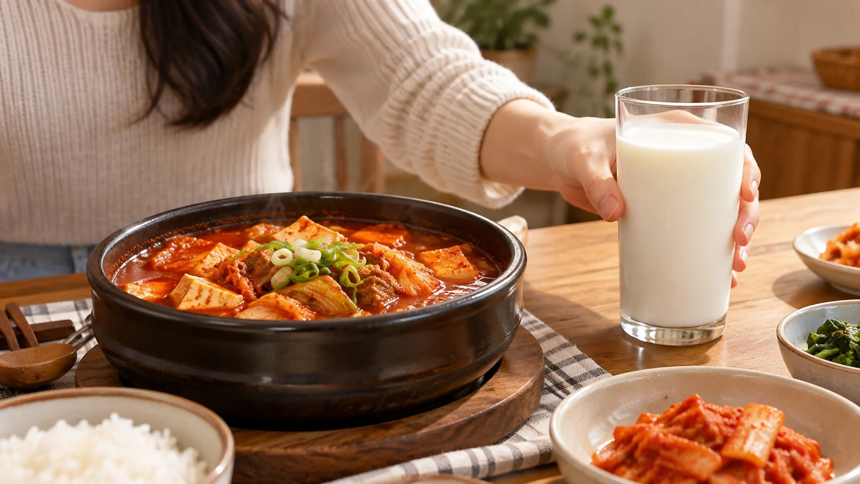 식탁 위 빨간 매운 찌개 한 그릇 옆에 차가운 우유 한 잔이 있고, 손이 우유 잔으로 뻗는 모습