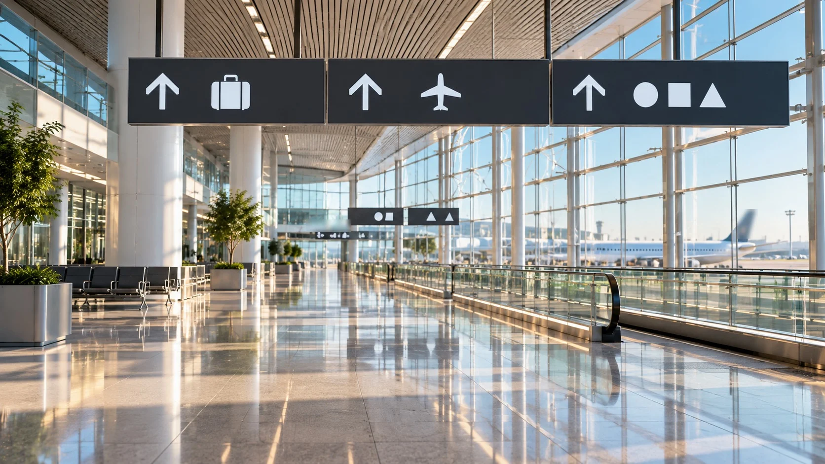 밝은 현대 공항 터미널 통로 천장에 단순한 흰색 기호만 그려진 안내판들이 걸려 있고 넓은 유리벽으로 햇빛이 들어오는 모습
