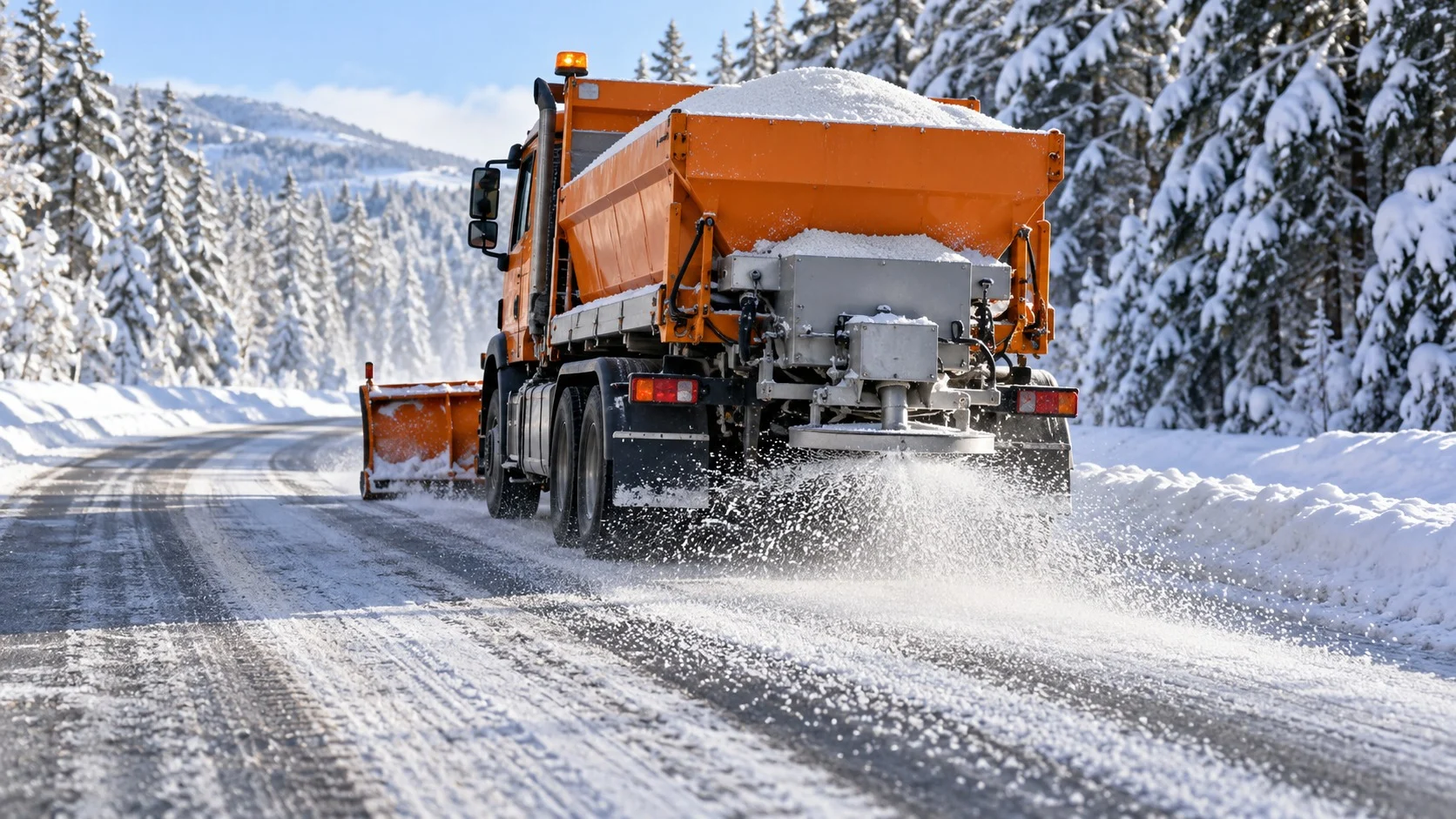 밝은 겨울 아침 눈 덮인 도로에서 제설차가 하얀 제설제를 뿌리며 지나가는 모습