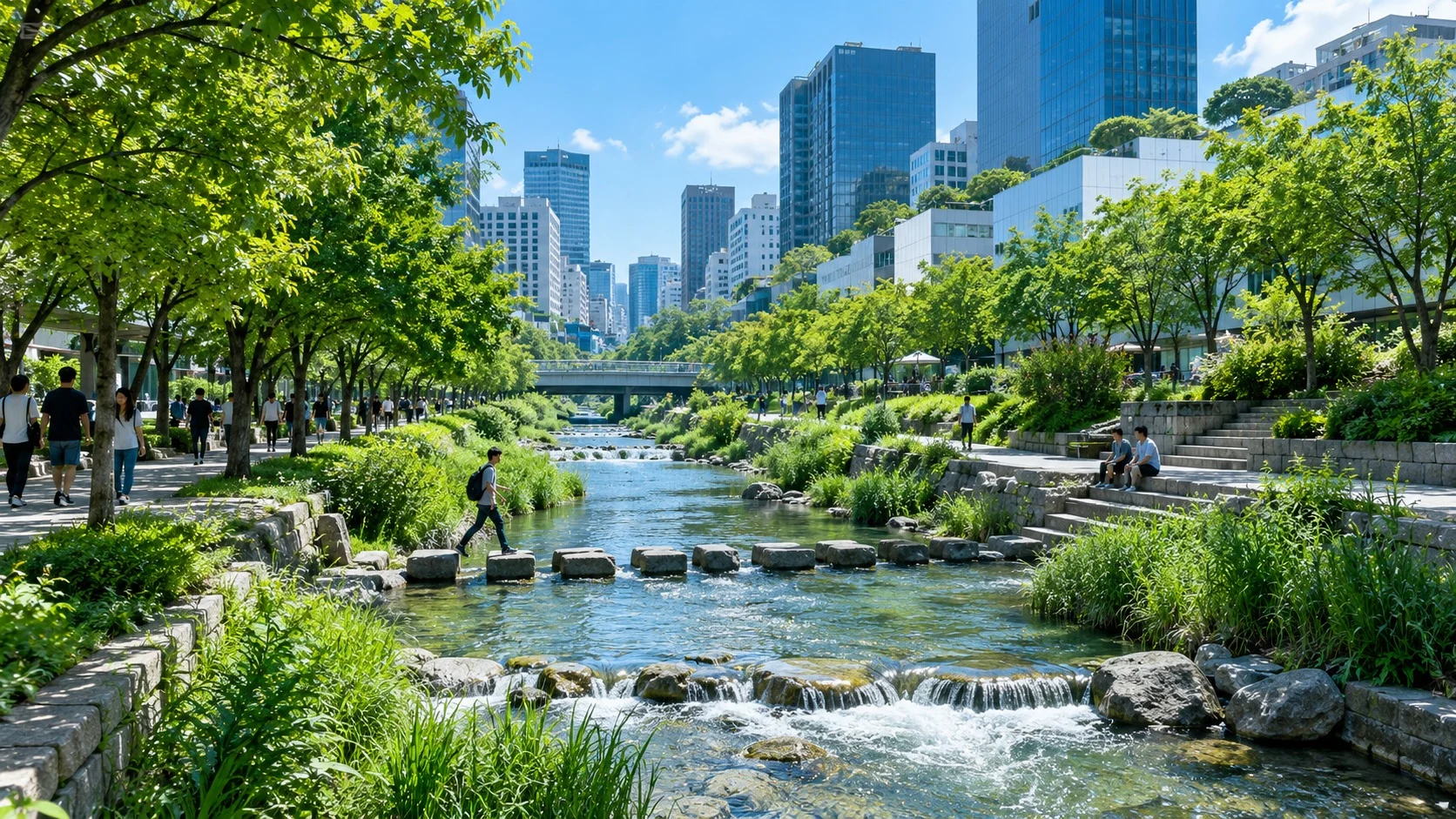 맑은 물길과 가로수, 흰 쿨루프 건물이 어우러진 도심 하천 산책로에서 그늘을 걷는 사람들