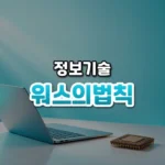 워스의 법칙 썸네일: 화면 아래쪽 밝은 책상 위에 얇은 노트북과 작은 옛 컴퓨터 칩이 나란히 놓여 있고, 부드러운 청록빛이 비추며 가운데·위쪽에 글자를 올릴 여백이 있는 모습