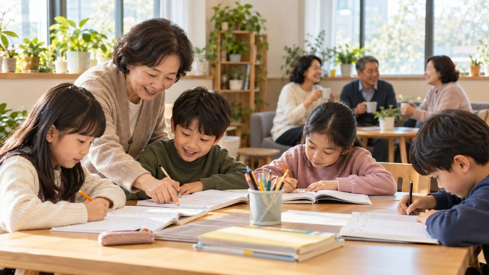 밝은 지역 사회복지관 교실에서 자원봉사자가 긴 탁자에 앉은 초등학생들의 숙제를 도와주고 뒤쪽에서 어른들이 차를 마시며 이야기하는 모습