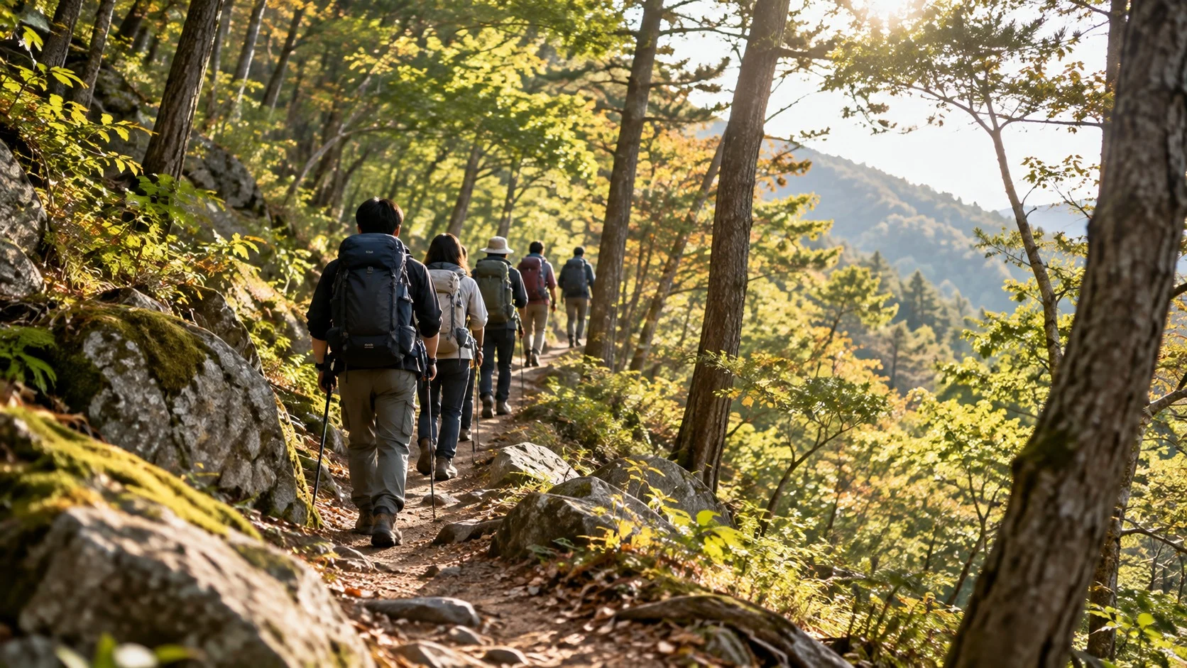 배낭을 멘 아이들이 숲속 산길을 한 줄로 가까이 붙어 걸어가는 모습을 뒤에서 멀리 바라본 장면