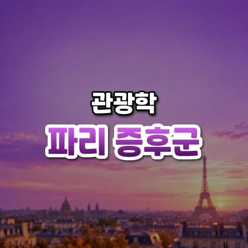 파리 증후군 썸네일: 화면 아래쪽에 흐릿한 파리 지붕과 에펠탑 실루엣이 있고 위로 보랏빛이 번져 가운데·위쪽에 글자를 올릴 여백이 있는 모습