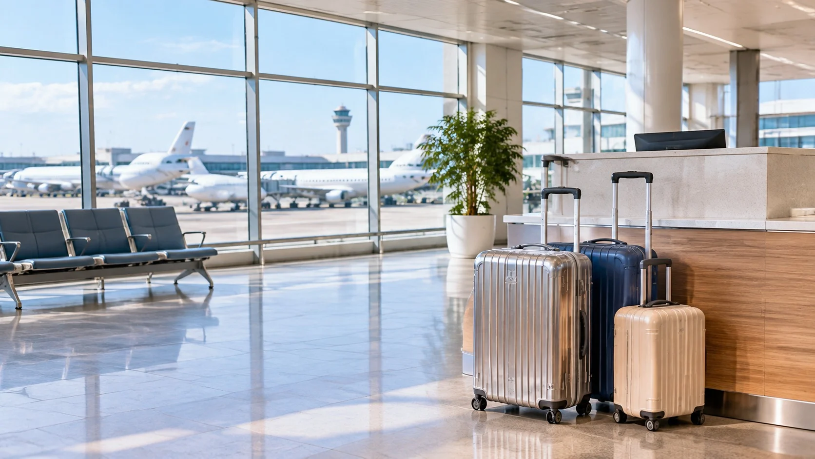 현대식 공항 출국장의 빈 탑승 수속 카운터 옆에 여행 가방들이 늘어서 있고, 큰 창밖으로 비행기가 보이는 모습