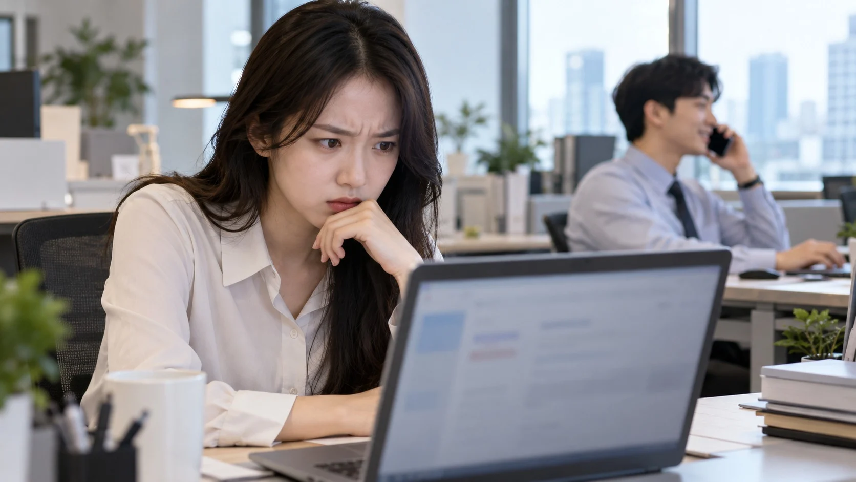사무실에서 젊은 직장인이 흐릿한 메일 화면이 띄워진 노트북을 보며 의심스러운 듯 얼굴을 찡그리고, 뒤쪽에서는 동료가 아무것도 모른 채 바쁘게 통화하는 모습