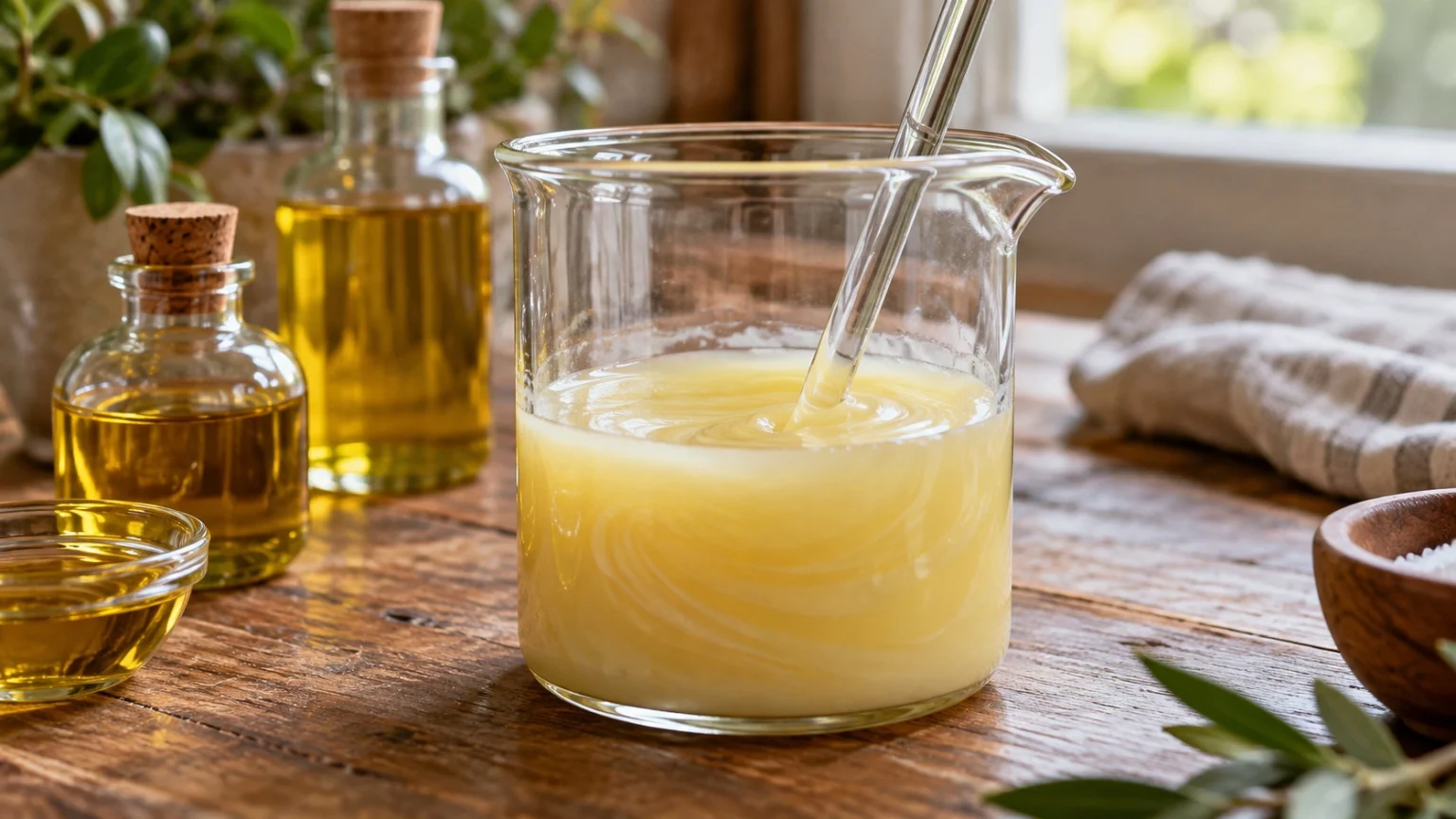 A glass beaker on a wooden workbench in which a pale yellow, cream-like mixture of oil and alkaline solution is being stirred with a glass rod, with a bottle of golden vegetable oil beside it