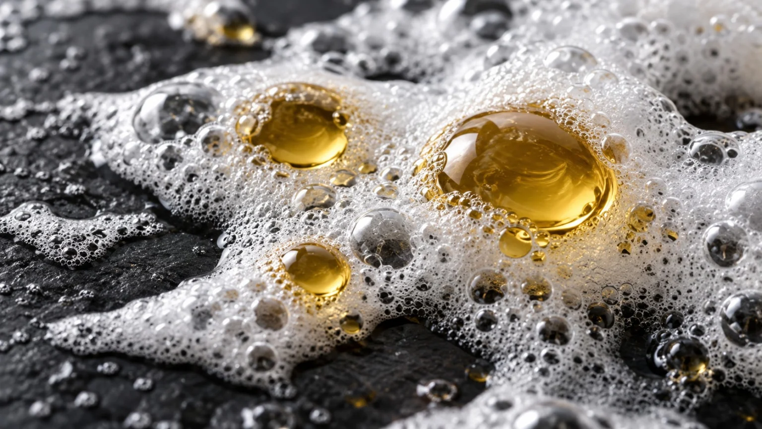 A close-up photo of golden oil droplets surrounded by tiny bubbles rising among white soap suds on a dark stone slab